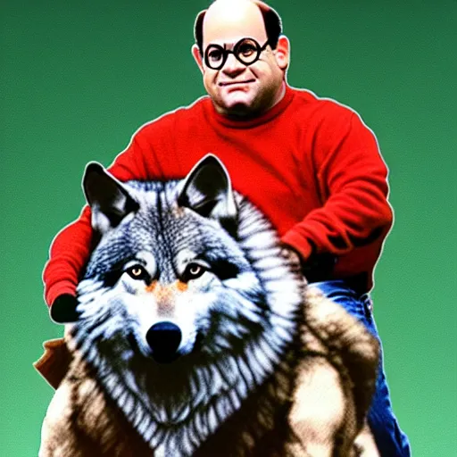 Image similar to George Costanza (from Seinfeld) riding a wolf