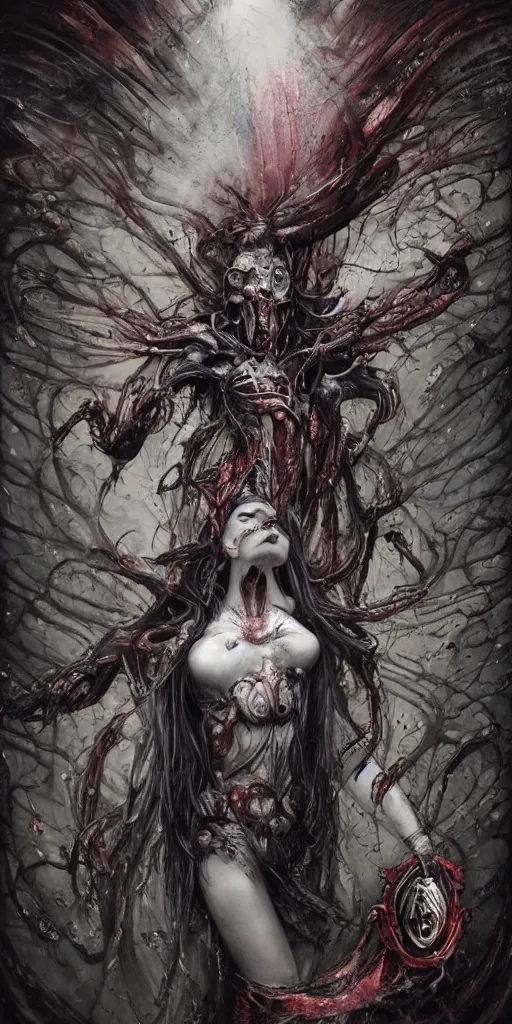 Image similar to an epic goddess with 4 arms holding a ceremonial athame in the air,beautiful and terrifying,melting sinew,full character design,8k,by Stanley Artgermm,Tom Bagshaw,Gerald Brom,Carne Griffiths,Ron English,Linsey Levendall,Giger,trending on DeviantArt,face enhance,hyper detailed,minimalist,horror,full of colour,cinematic,dynamic lighting