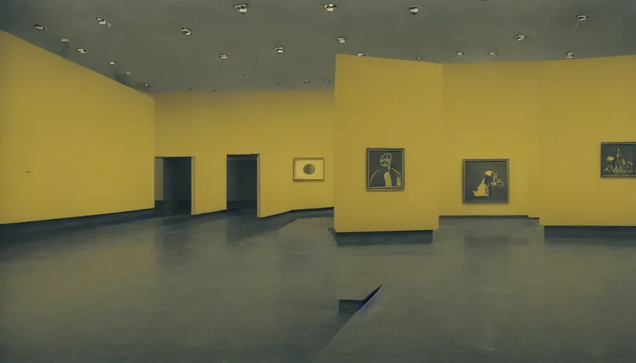 Image similar to 60s movie still of a sovietic stalinist style empty art museum with a soviet congress with yellow wall, eastmancolor, liminal Space style, heavy grain