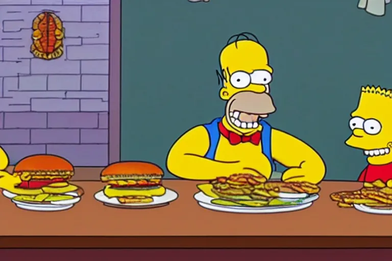 Prompt: still frame from The Simpsons, Superintendent Chalmers and Principal Skinner sitting at a table eating hamburgers