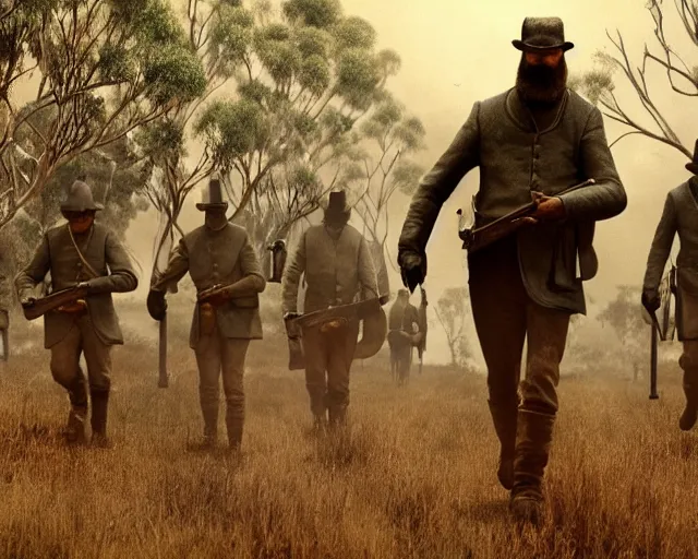 Image similar to ned kelly leading the kelly gang through australian native bushland shootout, epic action pose, global illumination, intricate detail, octane render, concept art, award winning hyperrealism photorealism cinematic still