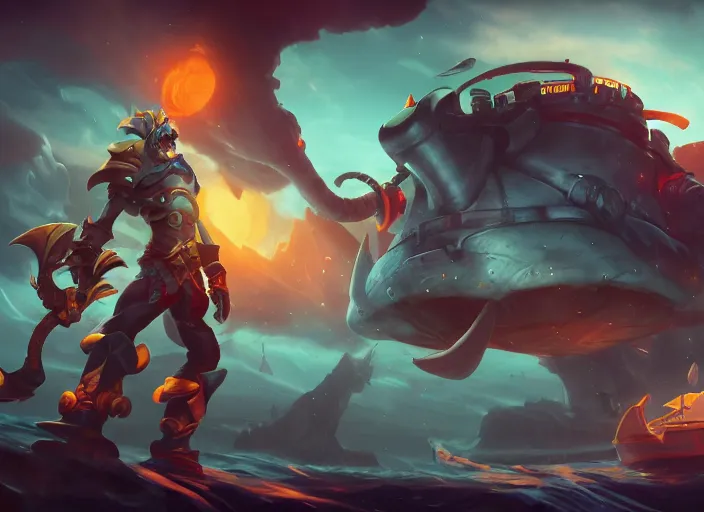 Image similar to captain of the deep sea character concept art, digital illustration, trending on artstation, epic composition, scenic background, 8 k uhd, masterpiece, league of legends splash art, octane render, highly detailed, perfect lineart