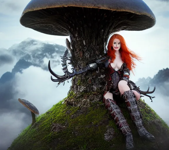 Image similar to a photo of an armored woman warrior redhead with antlers sitting on a giant mushroom that covers a whole village and reaches above the clouds by luis royo. intricate. lifelike. soft light. sony a 7 r iv 5 5 mm. cinematic post - processing