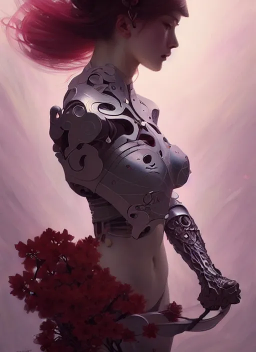 Prompt: sakura cyborg, diffuse lighting, fantasy, intricate, elegant, highly detailed, lifelike, photorealistic, digital painting, artstation, illustration, concept art, smooth, sharp focus, art by John Collier and Albert Aublet and Krenz Cushart and Artem Demura and Alphonse Mucha