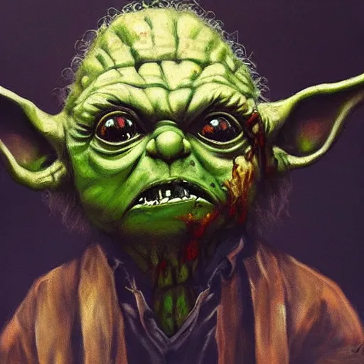 Prompt: zombie yoda, yoda as a zombie, rembrandt, zombified, scary, oil painting, artstation