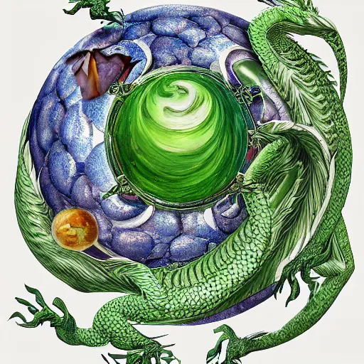 Prompt: a painting of a green dragon on a white background, a dragon orb, magical sphere with dragons, a computer rendering by maria sibylla merian, featured on polycount, generative art, biomorphic, photoillustration, concept art