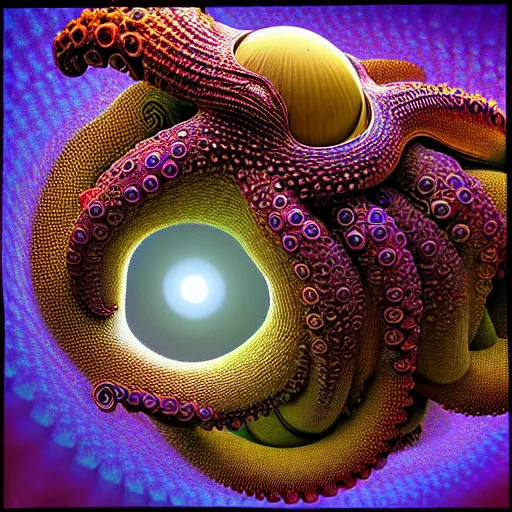 Image similar to hyperrealism photography in araki nobuyoshi dramatic scene from movie the big lebowski style computer simulation visualisation of detailed octopus riding on a astronaut back in the detailed ukrainian village in rendered in mandelbulb 4 d