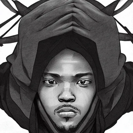 Image similar to kendrick lamar, anime style, wearing sweatshirt, shoulder eyes, last exile anime, symmetrical facial features, from arknights, hyper realistic, 4 k, rule of thirds, extreme detail, detailed drawing, trending artstation, realistic lighting, by alphonse mucha, greg rutkowski, short neck