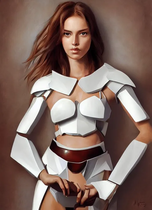 Image similar to stunning woman in a coffee shop wearing low poly, glossy white armor, by mark arian