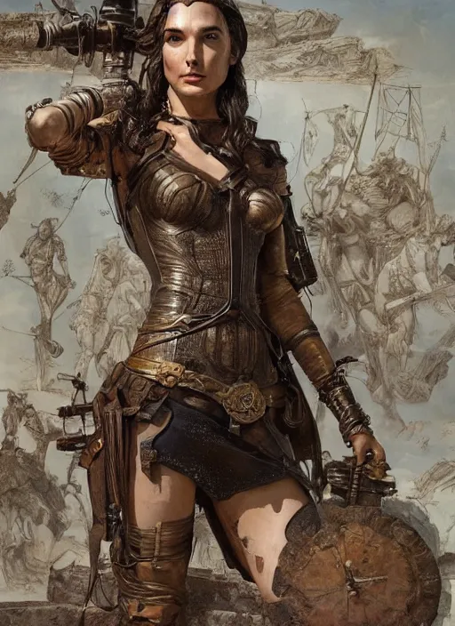 Image similar to highly detailed steampunk gal gadot standing, steel age : leonardo da vinci, greg rutkowski, magali villeneuve