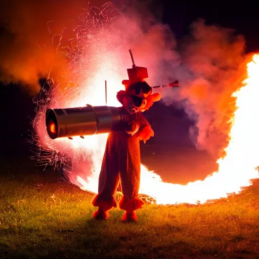 Prompt: photo of a clown using a flamethrower projecting a long bright flame towards a fire, award-winning, highly-detailed, 8K