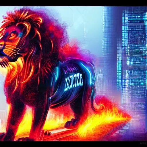 Prompt: fire lion, art, cyberpunk