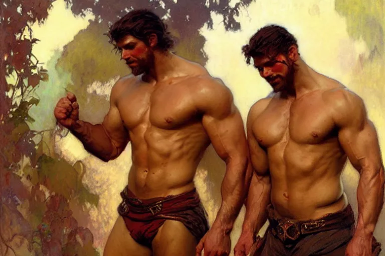 Image similar to 2 muscular attractive men, painting by gaston bussiere, craig mullins, greg rutkowski, alphonse mucha