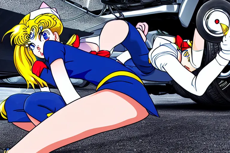 Prompt: sailor moon under your car stealing a catalytic converter