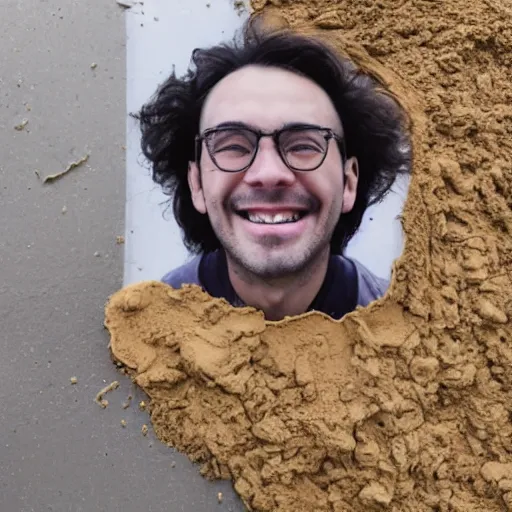 Prompt: photo of a smiling human face coming out of a pile of beige goo in the middle of a city street