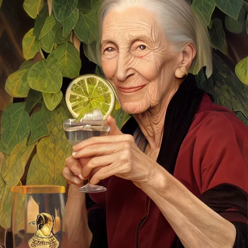 Prompt: portrait painting of jane goodall toasting with a martini, ultra realistic, concept art, intricate details, serious, highly detailed, photorealistic, octane render, 8 k, unreal engine. art by artgerm and greg rutk owski and alphonse mucha