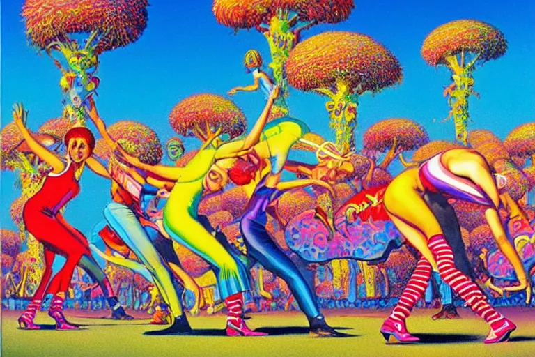 Prompt: a beautiful view of a groovypunk dance in a san francisco park, art by ron walotsky and peter max and roger dean