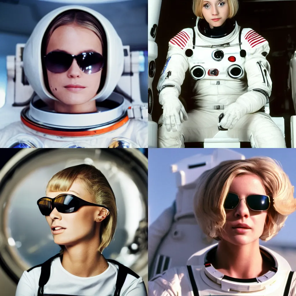 Prompt: young blond girl with narrow face, boney jaw, sharp facial features wearing spacesuit and black sunglasses sci-fi movie