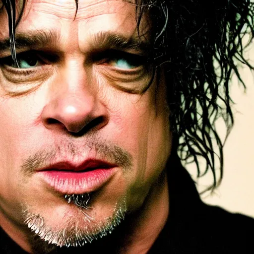 Prompt: brad pitt starring as robert smith from the cure, movie still, concert photo, 8 k