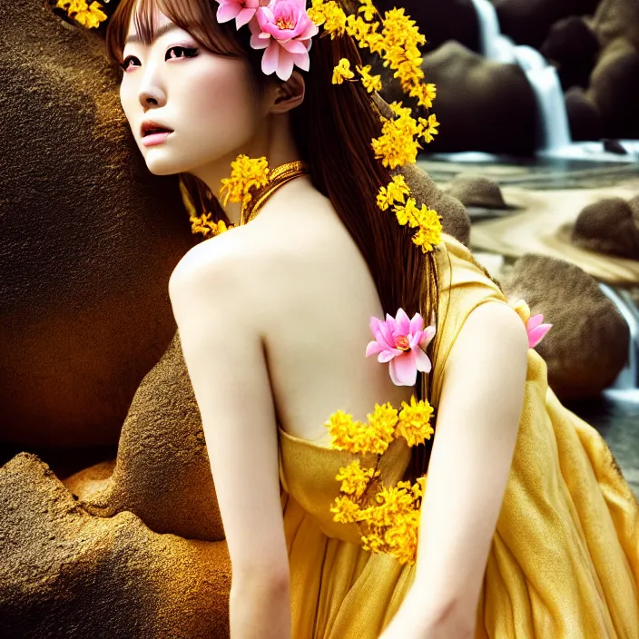 Image similar to Kodak Portra 400, 8K, soft light, volumetric lighting, highly detailed, Rena Nounen style 3/4 ,portrait photo of a Japanese ravishing Goddess by WLOP, the face emerges from a lava flowing gold travertine terraces with lotus flowers, inspired by Ophelia paint , a beautiful chic dress and hair are intricate with highly detailed realistic beautiful flowers , Realistic, Refined, Highly Detailed, ethereal lighting colors scheme, outdoor fine art photography, Hyper realistic, photo realistic