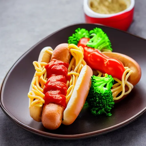 Image similar to photo shoot portrait of a delicious spaghetti hot dog with broccoli and mustard and ketchup, detailed, uhd, 8k,