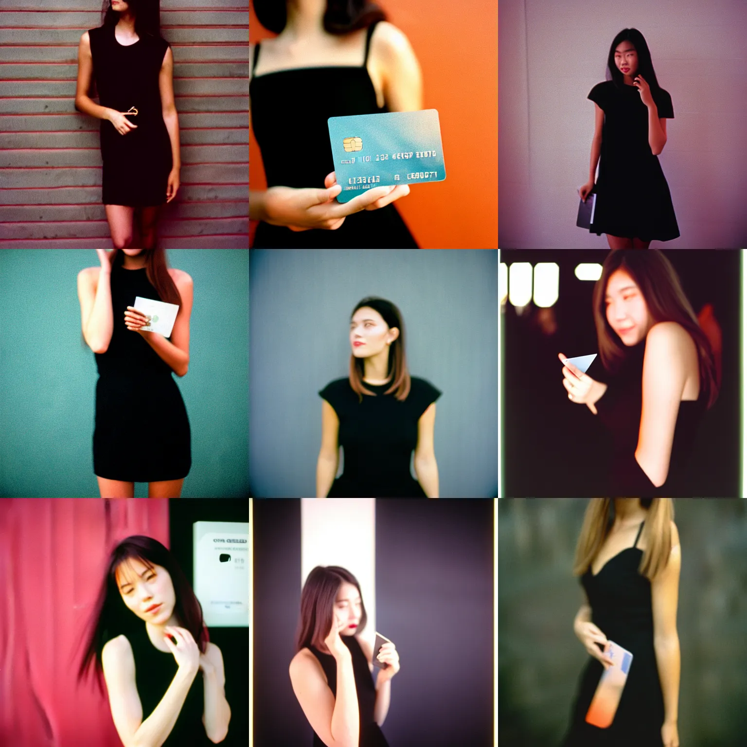 Prompt: attractive girl wearing a black dress holding a black credit card, Cinestill 800t