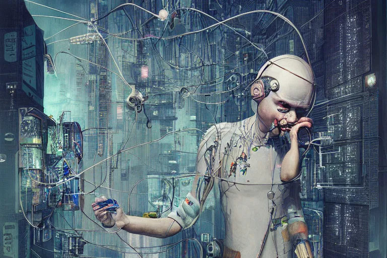 Image similar to man with wires on his head and a cigarette in his mouth, cyberpunk art by daniel merriam, behance contest winner, panfuturism, circuitry, darksynth, future tech