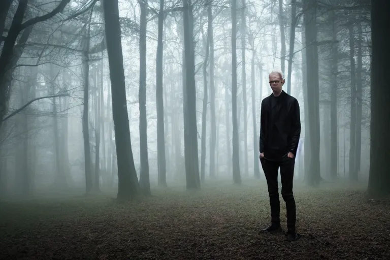 Image similar to a cinematic headshot portrait of a skinny evil male scientist, in a spooky forest, fog, portrait, portrait, portrait, shrubbery, 8 k, detailed, backlight, deep focus, movie still, moody lighting, by werner herzog