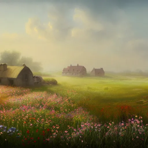 Image similar to a matte painting of a european prairie, cottages, foggy, patchy flowers, oil painting, pale colors, high detail, 8 k, wide angle, trending on artstation,