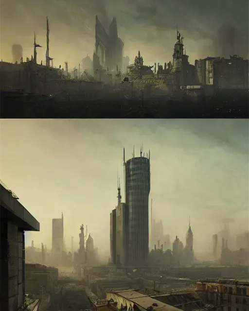 Image similar to brutalist dieselpunk polluted city of warsaw, poland. fantasy art by greg rutkowski, gustave courbet, rosa bonheur, edward hopper. faithfully depicted architecture, realistic, sharp focus, global illumination, radiant light, detailed and intricate environment, trending on artstation