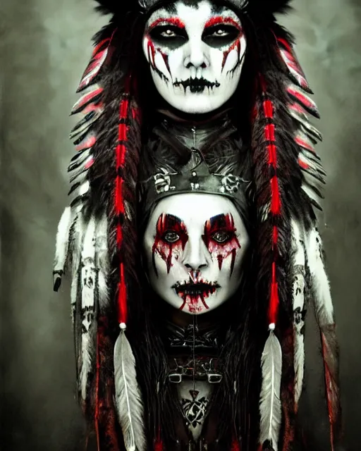 Image similar to lady native sisters ghost - spirit of the grim - warpaint wears the scarlet skull armor and native blood headdress feathers, midnight fog - mist!, dark oil painting colors, realism, cinematic lighting, various refining methods, micro macro autofocus, ultra definition, award winning photo, photograph by ghostwave - gammell - giger - shadowlord