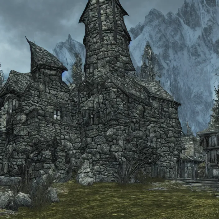 Image similar to a building in a serene landscape, skyrim