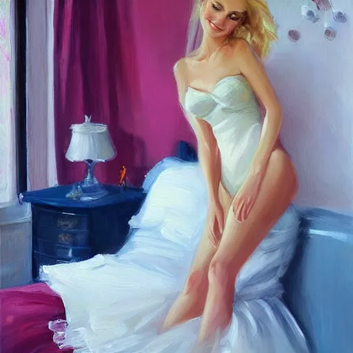 Image similar to tall blonde with curves in the bedroom painting by Vladimir Volegov