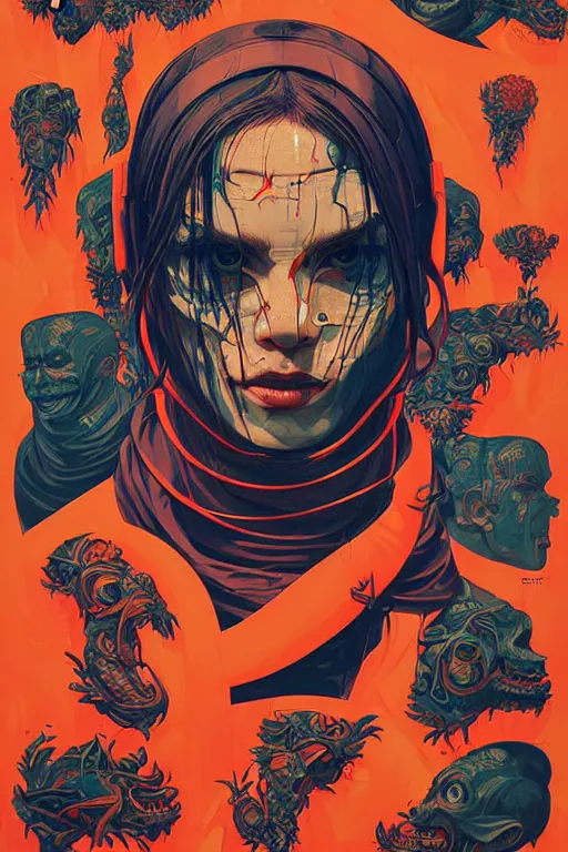 Prompt: hyper human face propaganda screen printing movie poster, art style by sachin teng, artgerm, h. r. giger, graffiti street art, iconic, masterpiece, organic painting, hard edges, ornate and hyper detailed