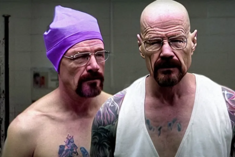 Prompt: walter white as a white gang member wearing a purple head covering made from a polyester or nylon material and a stained white tank top beating up a rival gang member in the prison yard, arms covered in gang tattoo, paparazzi, leaked footage, uncomfortable, bad quality