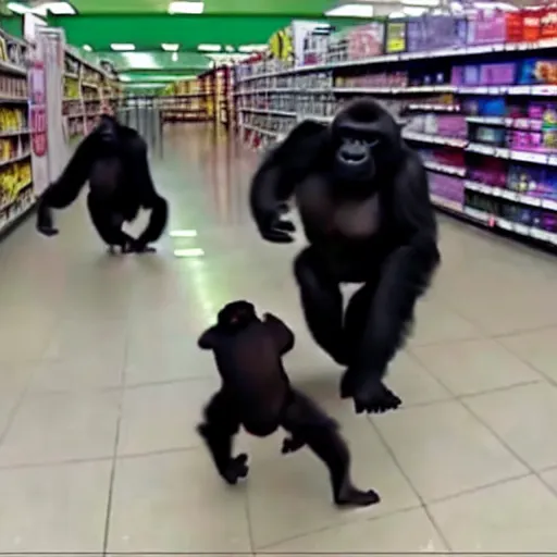 Image similar to cctv footage of a herd of gorillas raiding a walmart with people running away