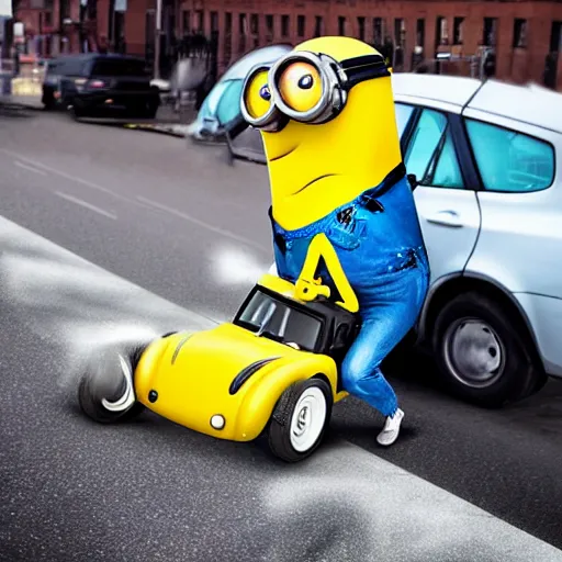 Prompt: a minion run over by a car
