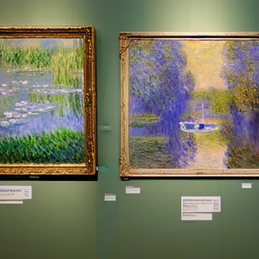 Image similar to An art gallery displaying Monet paintings. The art gallery is flooded. Robots are going around the art gallery using paddle boards