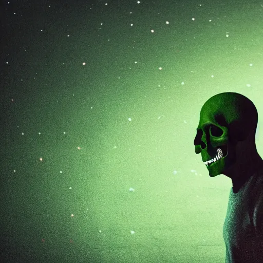 Image similar to a portrait of a lonely man with a skull as his head, green dramatic and cinematic light from the streetlight, the background is the sky full of stars, in the style of edward hopper, 4 k,