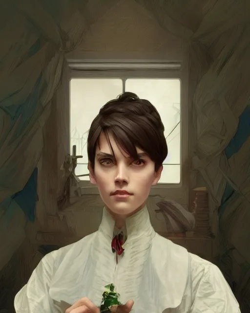 Image similar to cottagecore, man, Levi Ackerman, short hair, pointy nose, annoyed, wearing a maid outfit.elegant. highly detailed, digital painting, artstation, concept art, smooth, sharp, focus, illustration. art by artgerm and greg rutkowski alphonse mucha and Marat Safin