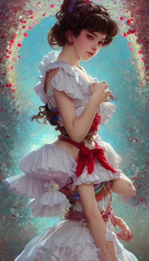 Image similar to portrait of magical lolita girl, dreamy and ethereal, RED eyes, peaceful expression, ornate frilly dress, fantasy, intricate, elegant, rainbow bubbles, highly detailed, digital painting, artstation, concept art, smooth, sharp focus, illustration, art by artgerm and greg rutkowski and alphonse mucha