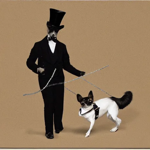 Prompt: a Chihuahua with a top hat walking a person on a tightrope