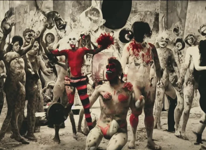 Prompt: still from a surreal art house film by alejandro jodorowsky, kenneth anger and joel - peter witkin : : big international production by a major studio : : brawl scene, freak show clowns, massive food fight on the street : : cinemascope, technicolor, 8 k