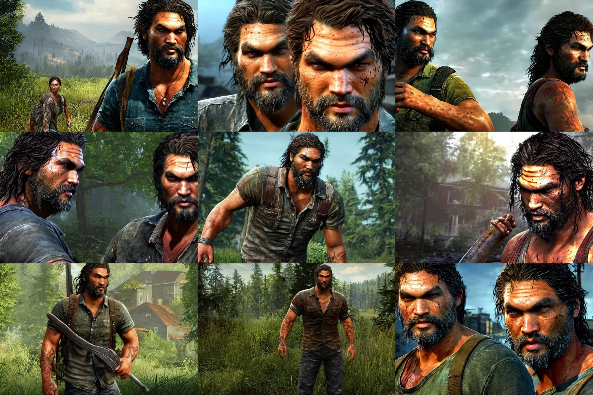 Prompt: a screenshot of jason momoa in the video game the last of us. 3 d rendering. unreal engine. amazing likeness. very detailed. cartoon caricature.