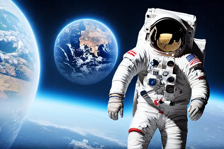 Image similar to astronaut in space wearing a spacesuit floating, earth in background, highly detailed, photorealistic, full body, bright studio setting, studio lighting, crisp quality and light reflections, unreal engine 5 quality render