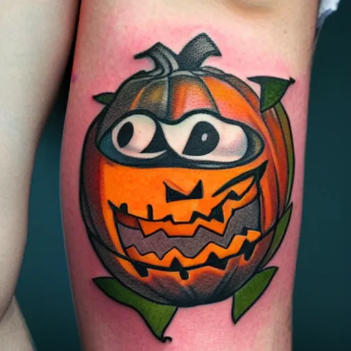 Prompt: cartoon tattoo of an angry pumpkin with glowing eyes
