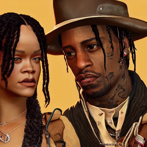 Image similar to rihanna and travis scott in rdr 2, trending on artstation, hyperdetalied, realistic,