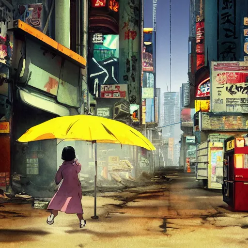 Image similar to incredible wide screenshot, ultrawide, simple watercolor, rough paper texture, ghost in the shell movie scene, backlit distant shot of girl in a parka running from a giant robot invasion side view, yellow parasol in deserted dusty shinjuku junk town, broken vending machines, bold graphic graffiti, old pawn shop, bright sun bleached ground, mud, fog, dust, windy, scary robot monster lurks in the background, ghost mask, teeth, animatronic, black smoke, pale beige sky, junk tv, texture, brown mud, dust, tangled overhead wires, telephone pole, dusty, dry, pencil marks, genius party,shinjuku, koji morimoto, katsuya terada, masamune shirow, tatsuyuki tanaka hd, 4k, remaster, dynamic camera angle, deep 3 point perspective, fish eye, dynamic scene