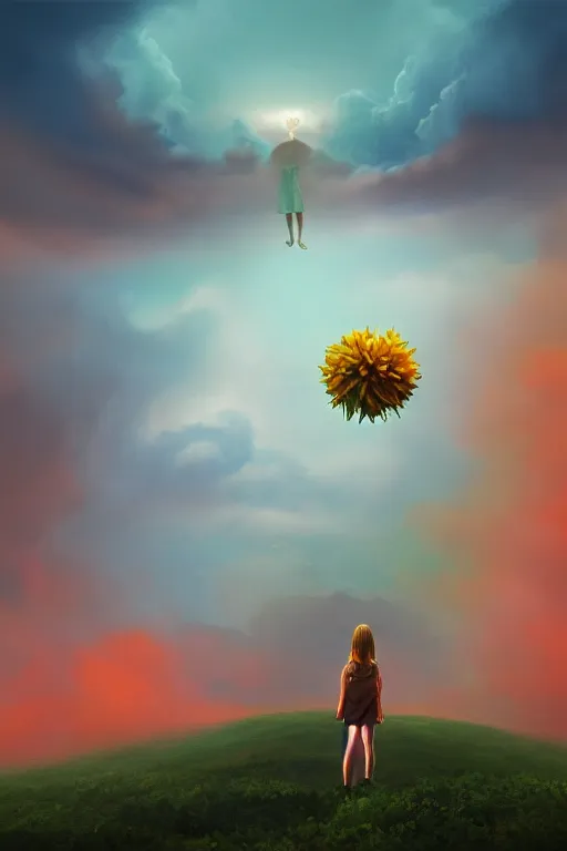 Image similar to perspective giant dahlia flower as head, girl standing on mountain, surreal photography, blue storm clouds, dramatic light, impressionist painting, digital painting, artstation, simon stalenhag