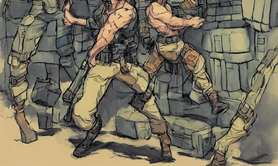 Image similar to solid snake sneaking into a hangar mead and jack kirby, color scheme, kirby crackle, arik roper, concept art